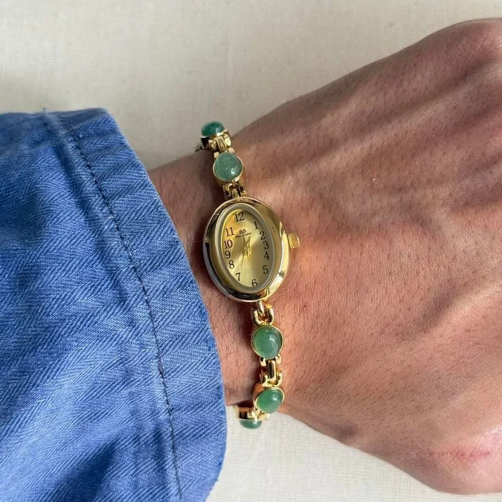 y2k cute gold round stainless steel quartz green stone charm watch